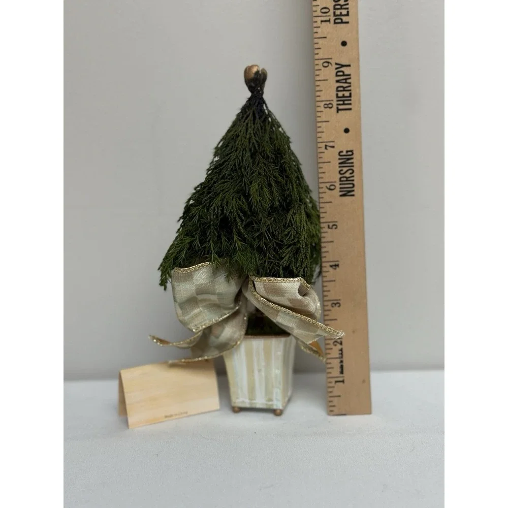 NEW Mackenzie Childs Evergreen  Accents Topiary Mocha Check/Stripe 9